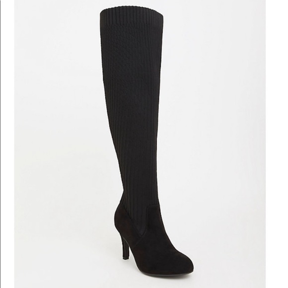 torrid Shoes - torrid Black All Over Knit Over the Knee Heels Boots